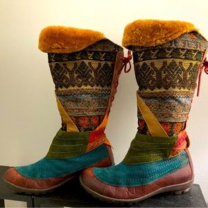 Bohemian style boot in multi fabric and leather